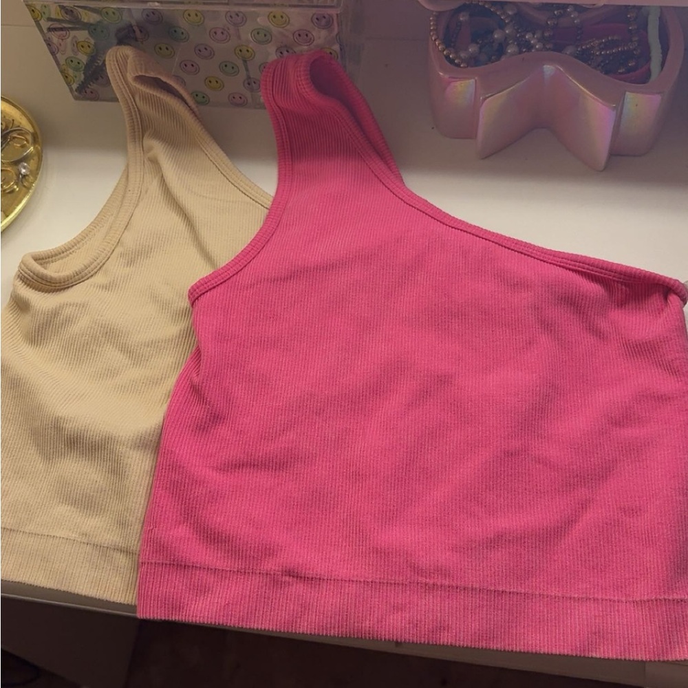Pink and Cream One-Shoulder Ribbed Tops